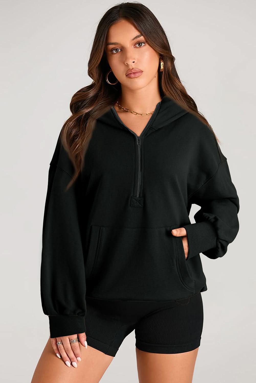 Black Solid Kangaroo Pocket Half Zipper Oversized Hoodie - Love Salve